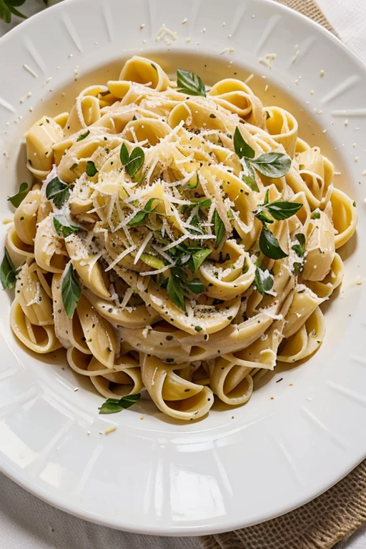 Portray a plate of delicious, creamy pasta, garnies de parmesan et de basilic frais.