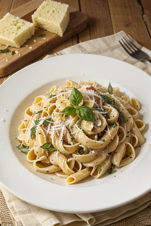 Portray a plate of delicious, creamy pasta, garnies de parmesan et de basilic frais.