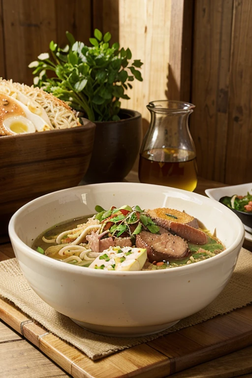 Create an image of a warm, comforting bowl of ramen, garni de tranches de porc et d'oignons verts.