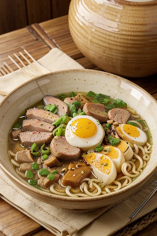 Create an image of a warm, comforting bowl of ramen, garni de tranches de porc et d'oignons verts.