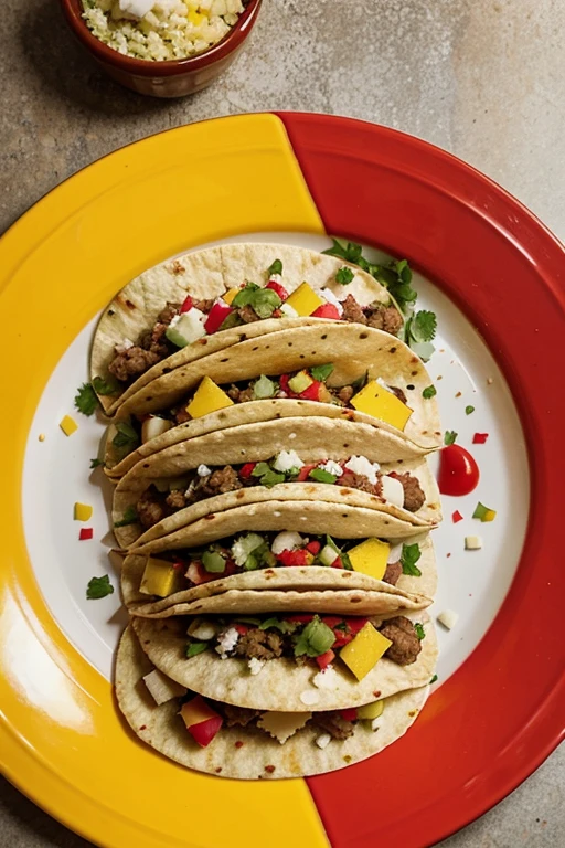 Portray a plate of colorful Mexican tacos, filled with spicy minced meat, de fromage et de coriandre.