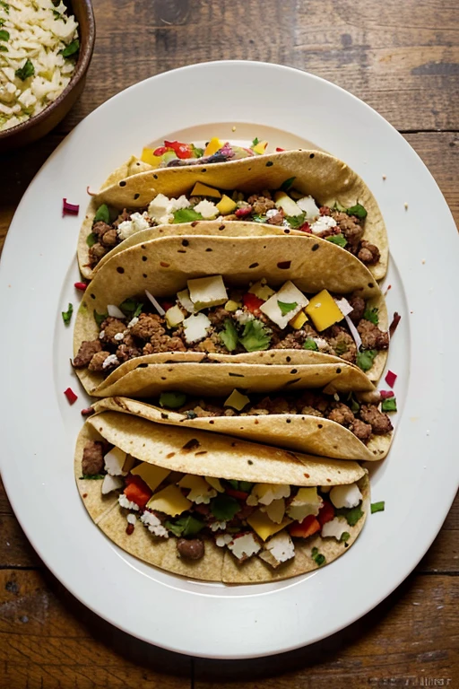 Portray a plate of colorful Mexican tacos, filled with spicy minced meat, de fromage et de coriandre.