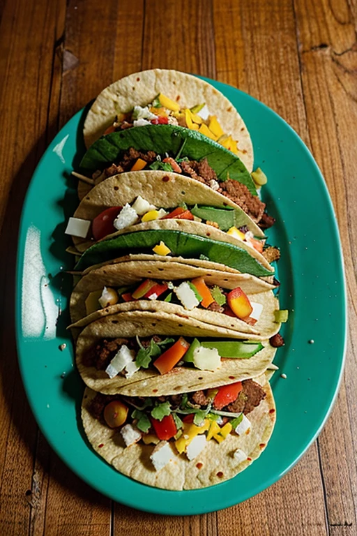 Portray a plate of colorful Mexican tacos, filled with spicy minced meat, de fromage et de coriandre.