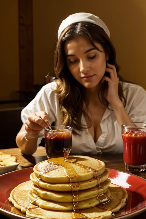 Show off a plate of fluffy, golden pancakes, garnies de fruits frais et de sirop d'érable.