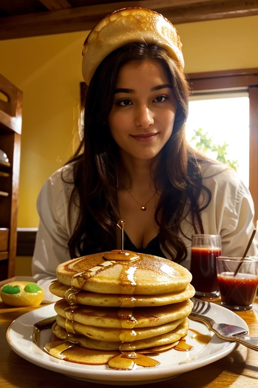 Show off a plate of fluffy, golden pancakes, garnies de fruits frais et de sirop d'érable.