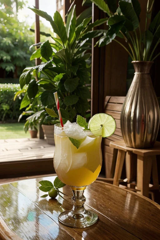 Créez une image d'un verre de cocktail exotique et fruité, décoré de tranches de fruits et de feuilles de menthe.