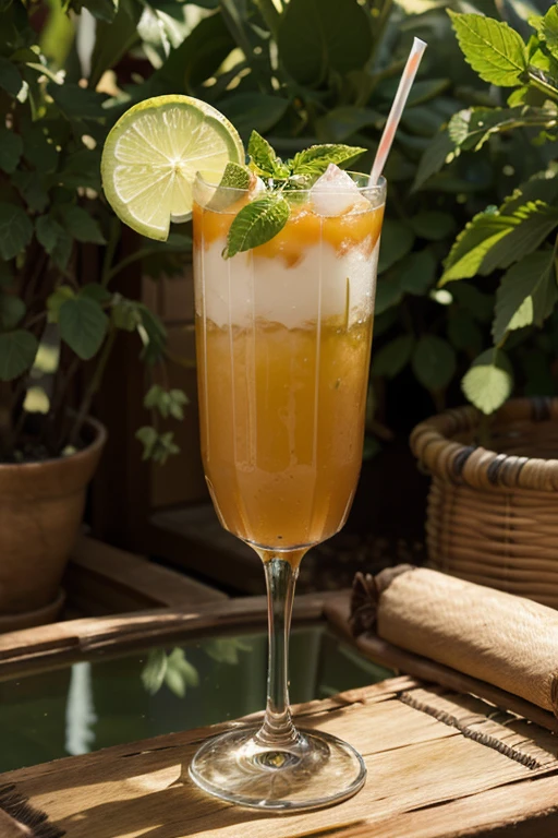 Créez une image d'un verre de cocktail exotique et fruité, décoré de tranches de fruits et de feuilles de menthe.