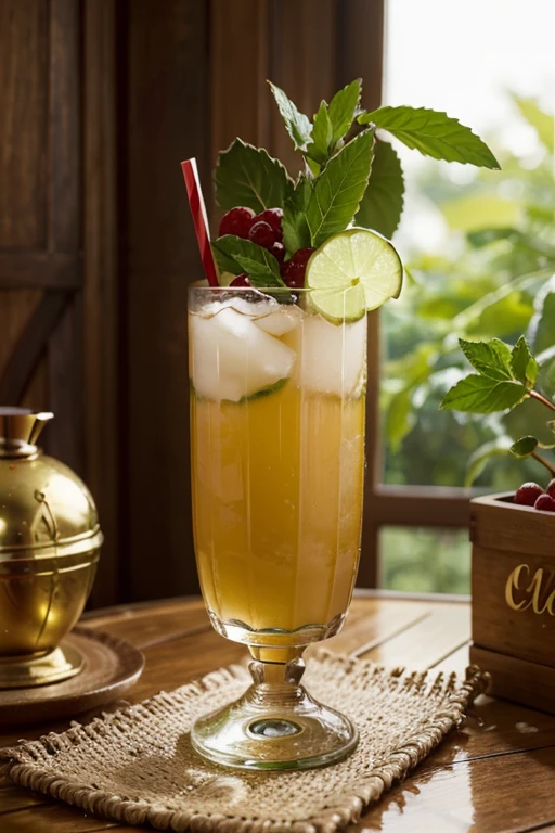 Créez une image d'un verre de cocktail exotique et fruité, décoré de tranches de fruits et de feuilles de menthe.