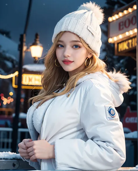 1girl, (Blue Eyes), (smiling :1.2), (closed white furry jacket :1.3), (beautiful makeup :1.2), (Sana Minatozaki), wide hips, big...