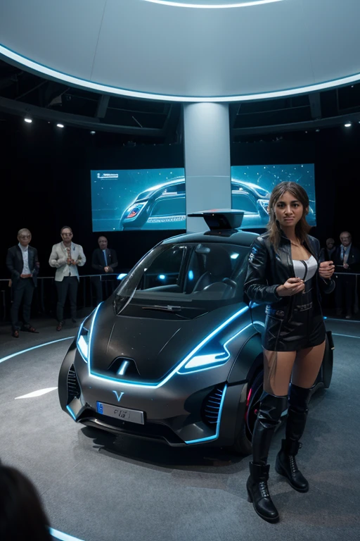 Represent a futuristic flying car, équipée de technologies avancées telles que la conduite autonome et la recharge sans fil.