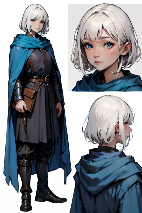 ((masterpiece)),(((best quality))),(character design sheet,same character,front,side,back),illustration,1 adult woman,(white hair), short haircut with bangs on one side,beautiful eyes, aristocrat, Environment change, pose too, magic, charturnbetalora, (sim...