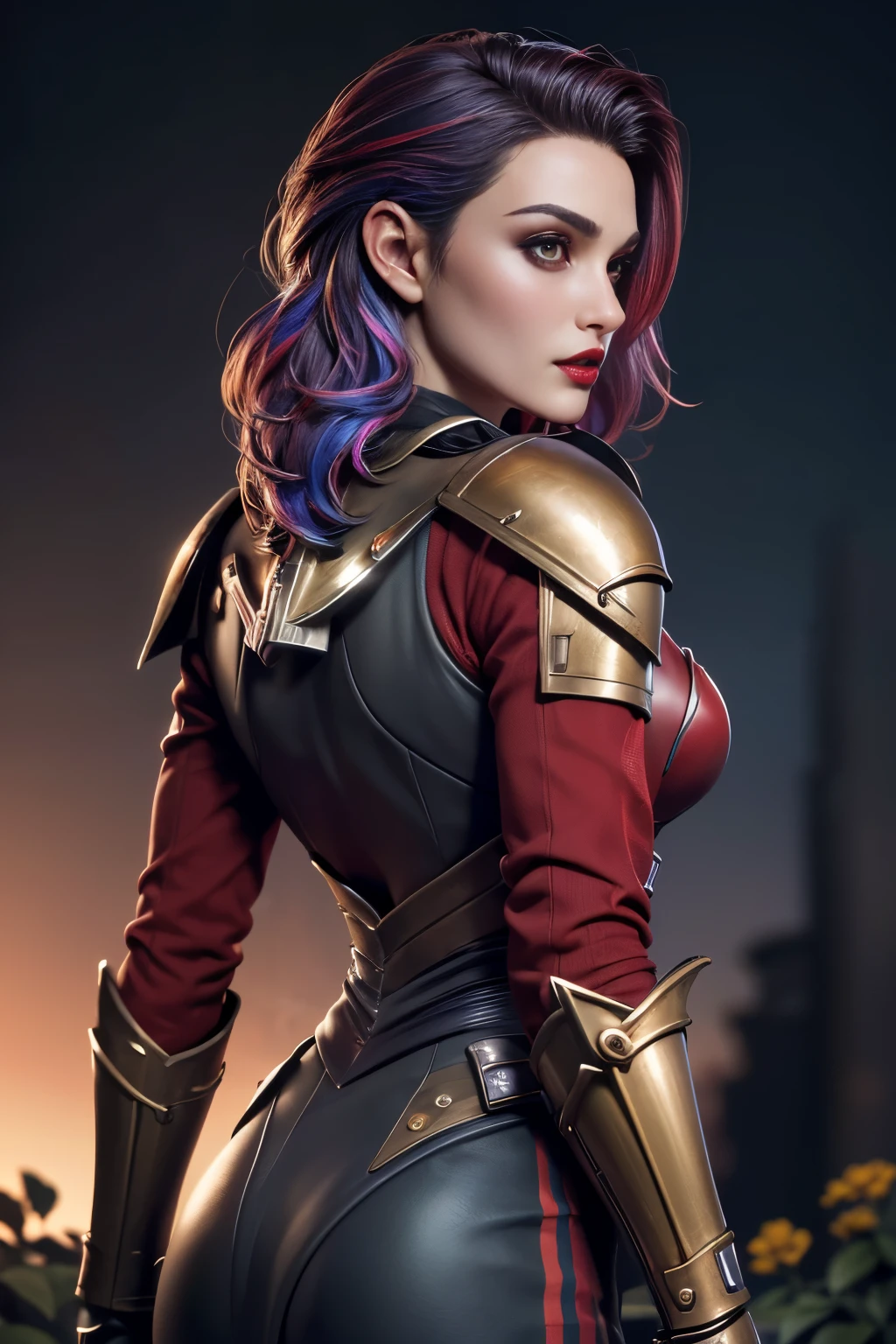 photo of celebrity, RAW, beautiful woman, ((portrait)), ((detailed face, colorful rainbow hair:1.2)), ((detailed facial feature, detailed skin, clear skin, parted lips), (perfect proportioned body, medium breasts), (wearing red lipstickandalorian Style Metal Armor Skirt Suit: 1.5)), (high detailed garden environment, her back to us, backview, ass, Turn Back, Back shot: 1.3), (realistic photo, best quality, detailed), (8k wallpaper), (cinematic lighting, dramatic lighting) (sharp focus, intricate)