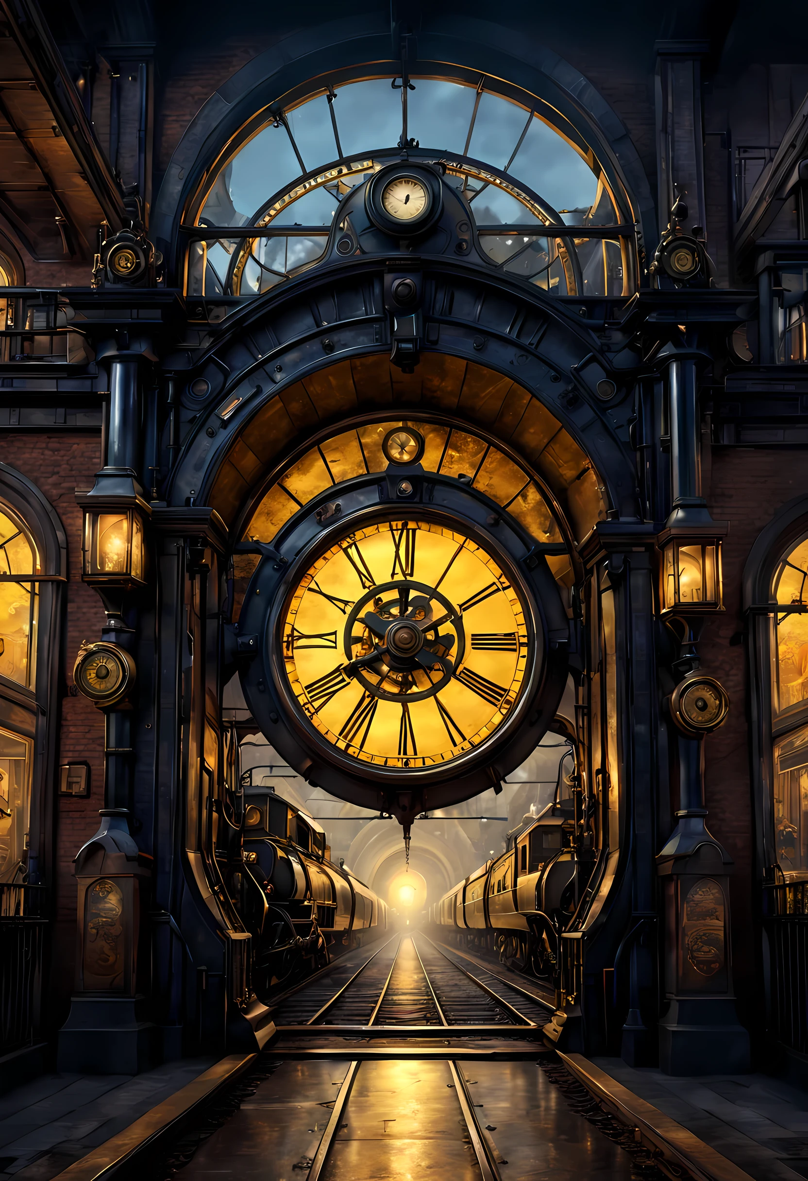 steampunk art picture, wide shot,  intense details, highly detailed, photorealistic, best quality, highres,  picture of a round arcane gate opening in the middle of  a steampunk train station, the gate glowing in yellow light gl0w1ngR, the station has a  steampunk black locomotive entering the station,  reflection light, high details, best quality, 16k, [ultra detailed], masterpiece, best quality, (extremely detailed), ultra wide shot, photorealistic, RAW, realistic art,((best quality)), ((masterpiece)), (detailed), perfect face,