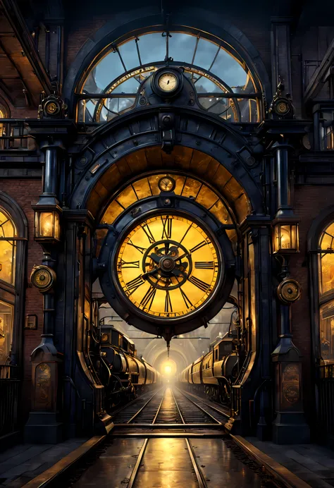 steampunk art picture, wide shot,  intense details, highly detailed, photorealistic, best quality, highres,  picture of a round ...