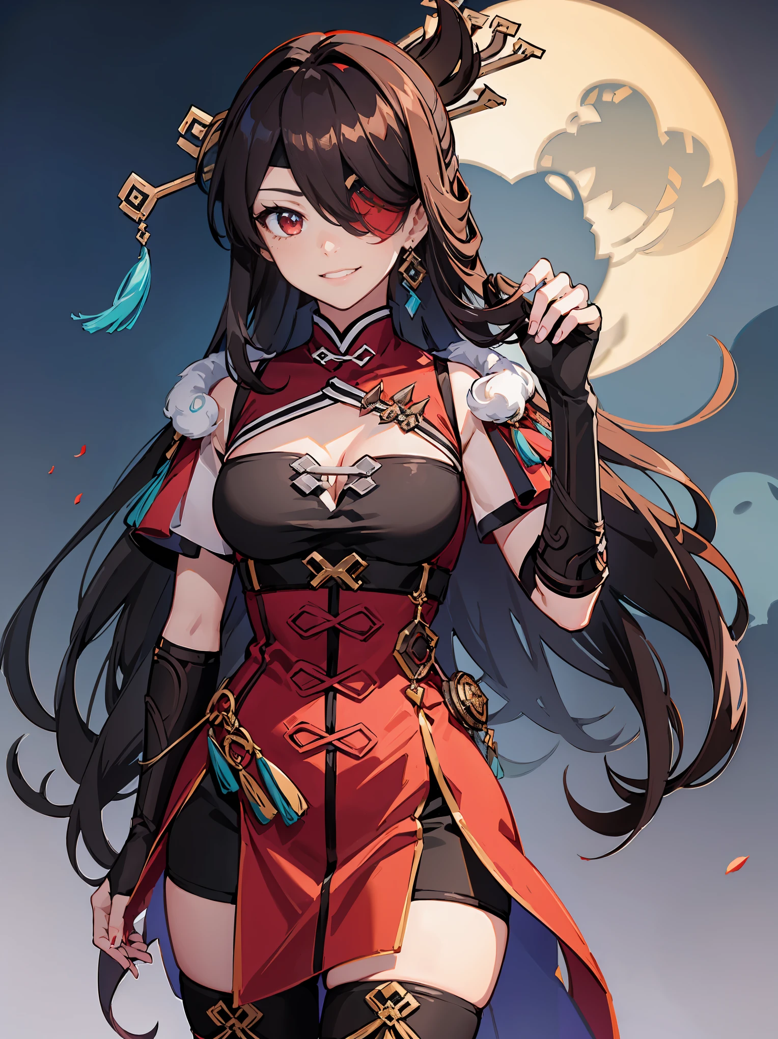 beidou, beidou, long hair, bangs, brown hair, black hair, hair ornament, (red eyes:1.3), (hair over one eye:1.5), (eyepatch:1.5), hairpin, (one eye covered:1.5), smile, grin, thighhighs, gloves, cleavage, jewelry, earrings, black gloves, fingerless gloves, fur trim, chinese clothes, vision \(genshin impact\), BREAK outdoors, BREAK looking at viewer, (cowboy shot:1.5), (masterpiece:1.2), best quality, high resolution, unity 8k wallpaper, (illustration:0.8), (beautiful detailed eyes:1.6), extremely detailed face, perfect lighting, extremely detailed CG, (perfect hands, perfect anatomy),