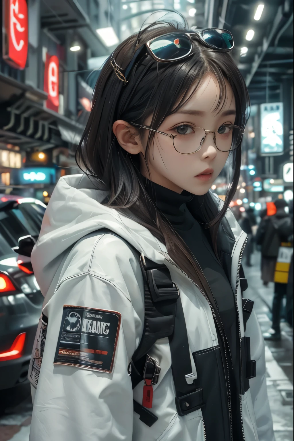 158656205 tough look, neck tattoo, white sweatshirt, white techwear, crazy look a cyberpunk character