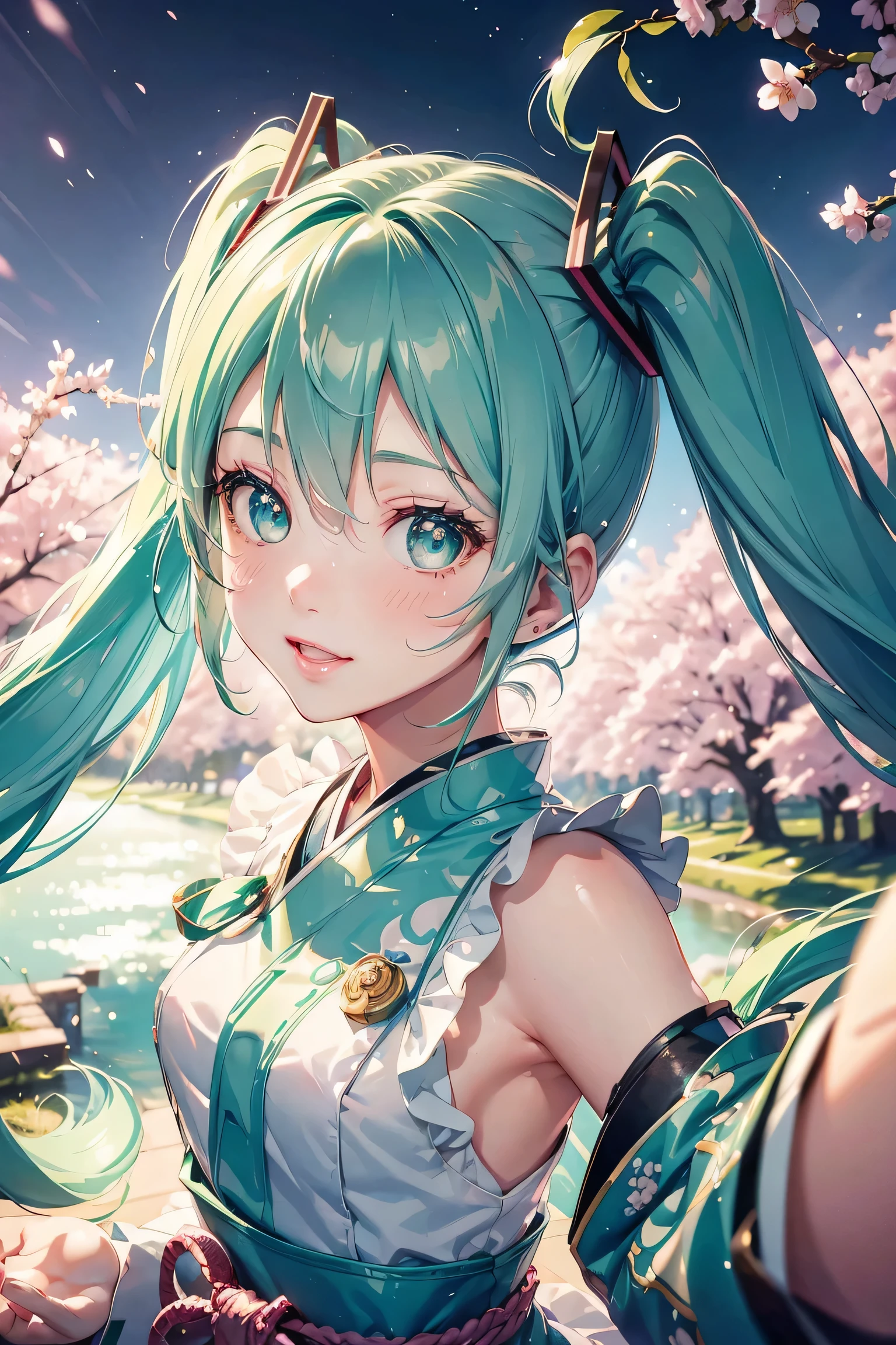 hatsune miku,twin tails,Beautiful emerald green eyes,white skin,beautiful kimono,green ribbon around neck,super high quality,super high quality,masterpiece,digital single lens reflex,realistic,Detailed details,vivid details,depicted in detail,detailed face,Detailed details,Super detailed,realistic skin texture,based on anatomical basis,perfect anatomy,anatomically correct hand,anatomically correct fingers,Complex 3D rendering,sexy pose,Beautiful cherry blossom trees,fantasy world view,Fantastic night view,fantastic night sky,beauty like a painting,nine heads and bodies,Take a full body photo,pink lip,smile,