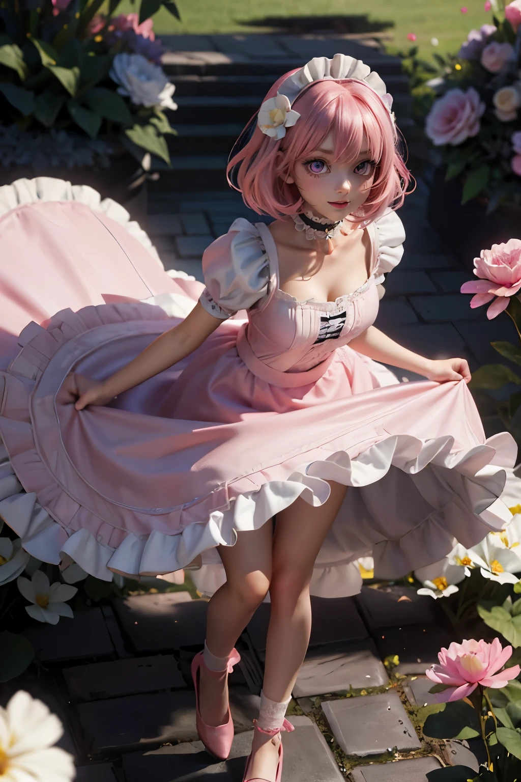 (1 beautiful girl), 20 year old, (glossy pink hair), (disheveled bobcut hair;1.12), (1 light pink flower hair ornament:1.15), (vivid purple eyes:1.1), light smile, (wearing a black and white maid clothes:1.12), (choker with white ruffles), (very long skirt), standing, (black shoes), (full body), (dynamic aerial shot), face focus, (daytime garden of the mansion)
