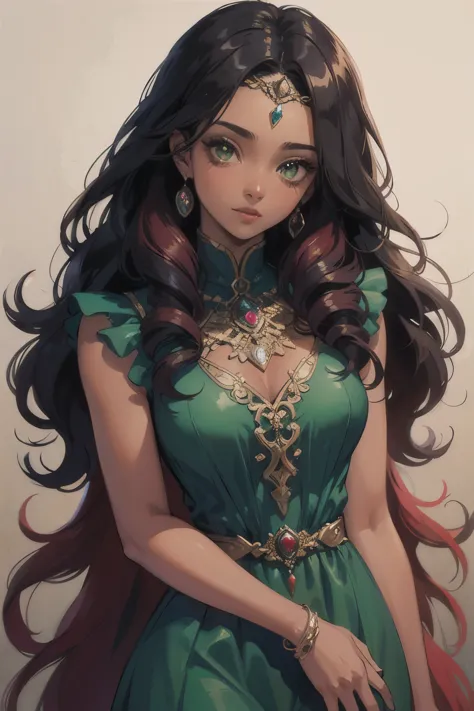 ((best quality)), ((masterpiece)), (detailed), perfect face, female, long hair, curly hair, black hair, red tinted hair, fantasy...