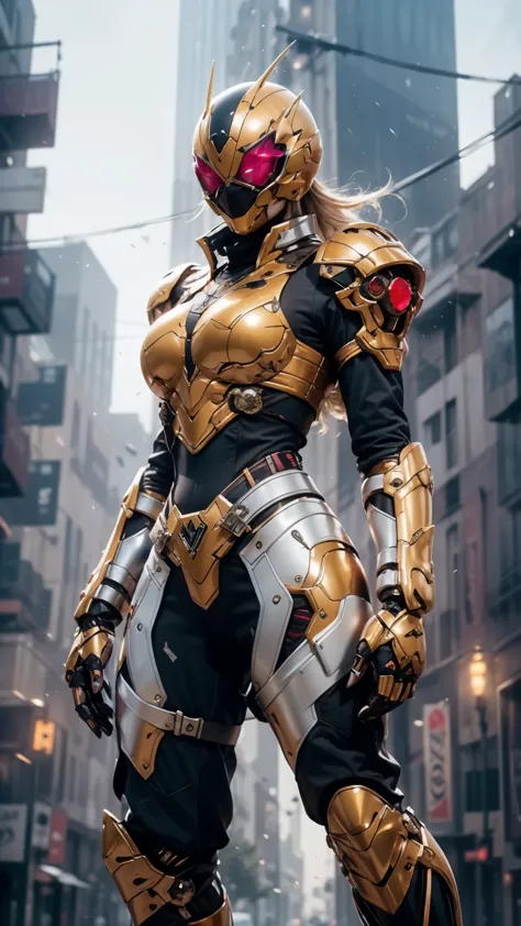 A woman adorned in fantasy-style full-body armor, a crown-concept fully enclosed helmet that unveils only her eyes, a composite ...