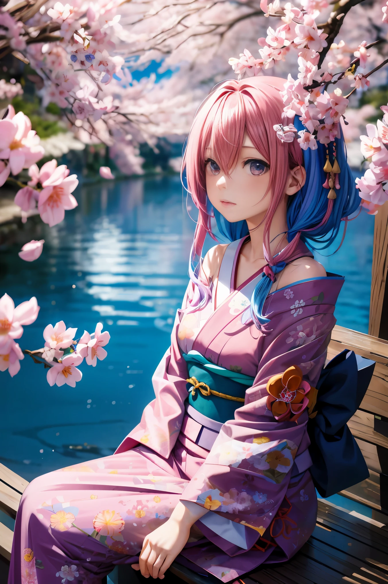 anime, one girl, colorful hair,pink hair and blue hair、 Hair is tangled, pink eyes, Kyoto, cherry blossoms、petal、moon, pink patterned kimono, off shoulder, sitting, alone,