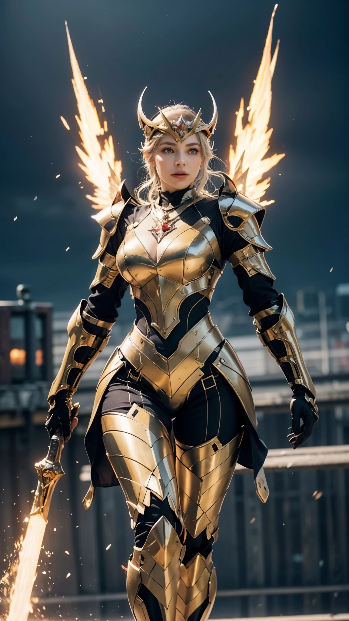 A woman adorned in fantasy-style full-body armor, a crown-concept fully enclosed helmet that unveils only her eyes, a composite layered chest plate, fully encompassing shoulder and hand guards, a lightweight waist armor, form-fitting shin guards, the overall design is heavy-duty yet flexible, ((the armor gleams with a golden glow, complemented by red and blue accents)), exhibiting a noble aura, she floats above a fantasy-surreal high-tech city, this character embodies a finely crafted fantasy-surreal style armored hero in anime style, exquisite and mature manga art style, (Queen bee mixed with Spider concept Armor, plasma, blood), ((Element, energy, elegant, goddess, femminine:1.5)), metallic, high definition, best quality, highres, ultra-detailed, ultra-fine painting, extremely delicate, professional, anatomically correct, symmetrical face, extremely detailed eyes and face, high quality eyes, creativity, RAW photo, UHD, 32k, Natural light, cinematic lighting, masterpiece-anatomy-perfect, masterpiece:1.5