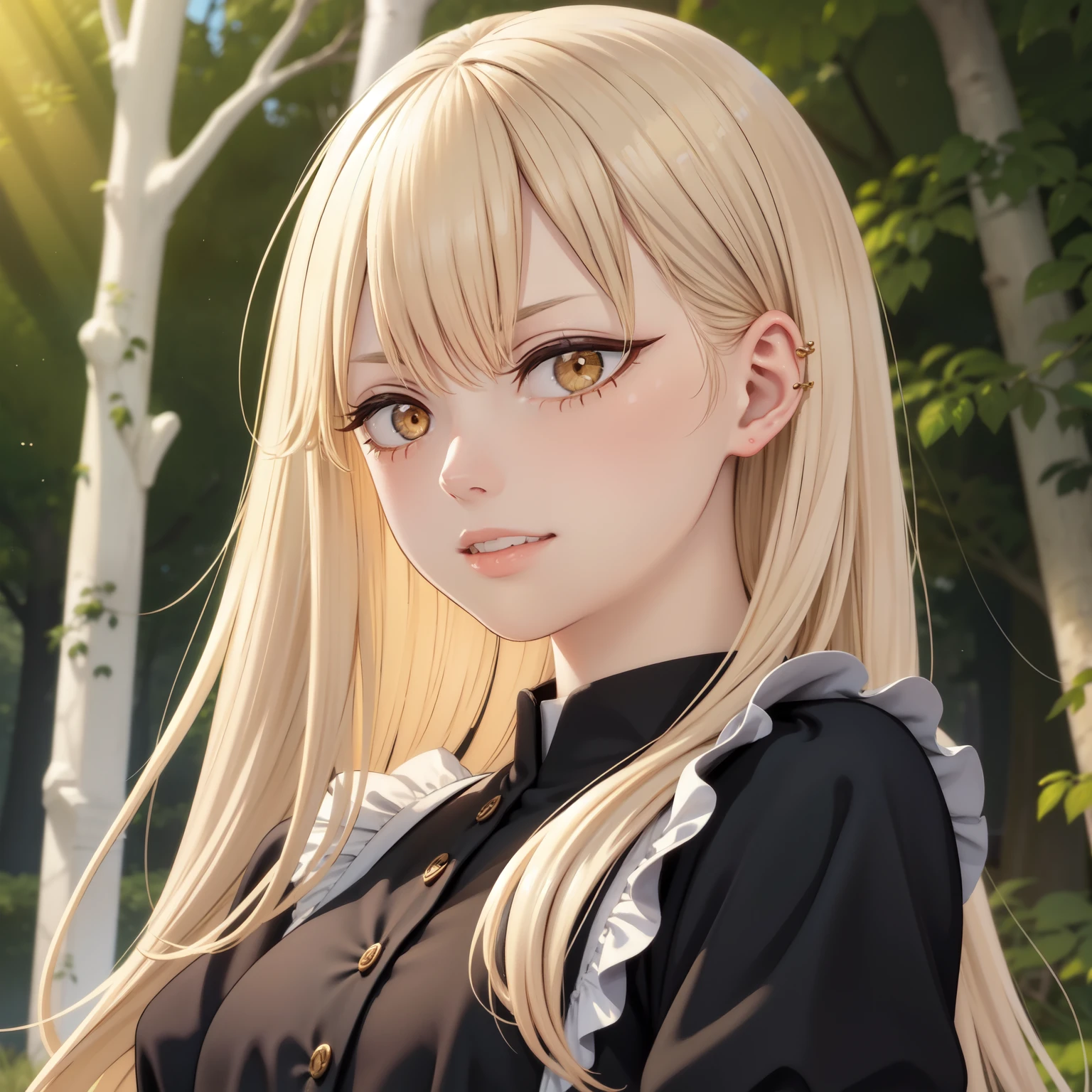 best quality,ultra-detailed,realistic:1.37,highres,golden hair,golden eyes,detailed facial features,serious expressions,beautiful detailed lips,long eyelashes,Guideau (majo to yajuu), maid outfit,golden light illuminating the scene,mysterious atmosphere,enchanted forest background,faint hint of magic in the air,subtle smile on her lips