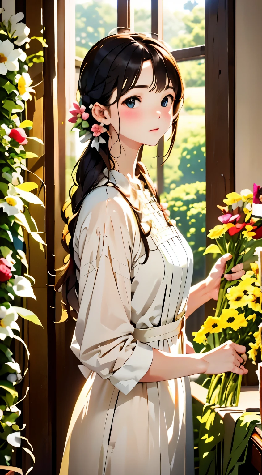 anime style、(((woman working at a flower shop、beautiful flower々:1.2、lots of flowers:1.2、flower garden flower shop:1.2)))、Gypsophila、Cat clerk、beckoning cat、cute face、small nose、plump lips、carefully tied braids、cute、clerk serving customers、Blue front cover:1.2、Natural light、(very detailed, intricate details), sharp focus, calm colors, 8k, confused, 8mm film grain