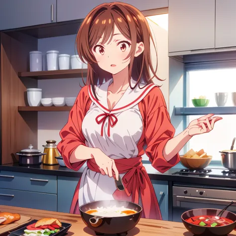 Estilo anime, 1 chica, white background, cocinando el desayuno, chizuru mizuhara