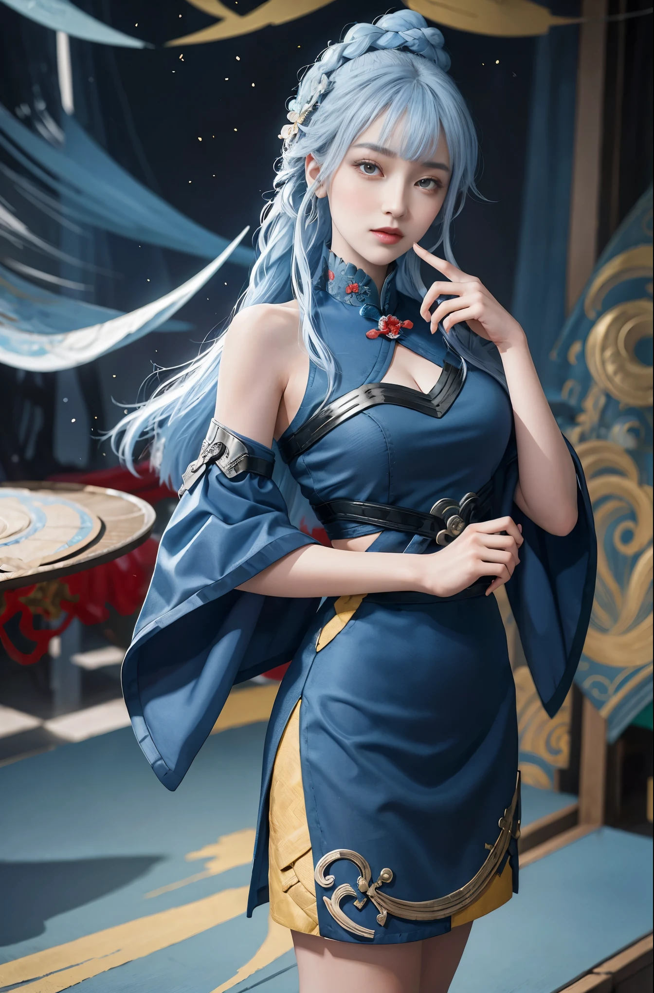 ((pretty face)), The face is extremely delicate,(best quality),(Very detailed cg 8k wallpaper), masterpiece, extremely del-0000((big breasts)), 1 girl, alone, long hair, looking at the audience, hair accessories, skirt, Keep, bare shoulders, Keep your mouth shut, blue hair, yellow eyes, braid, artist name, cover navel, blue skirt, Chinese clothes, china skirt, hand fan, folding fan, light blue hair, Keep fan, Jordyn Whitmer, (masterpiece,best quality:1.5), (masterpiece,best quality:1.5), Hold the fan in your right hand, There is no fan in my left hand, Chinese Imperial Palace, Feudal China, wooden castle, lake, (lantern), shiny, (masterpiece,best quality:1.5), (masterpiece,best quality:1.5)