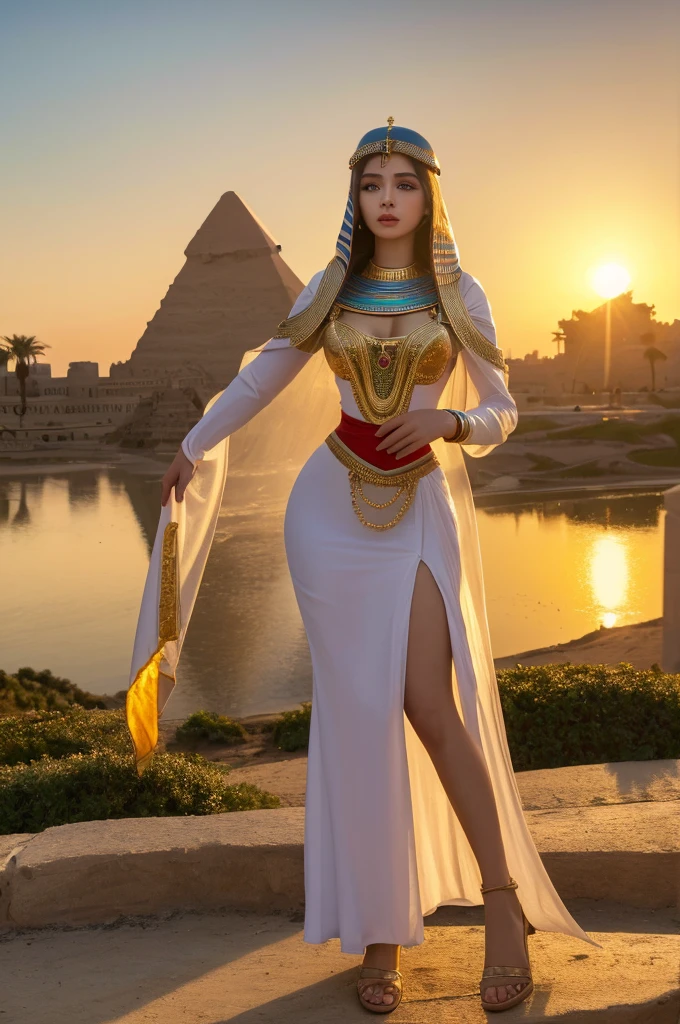 (best quality,4k,highres,masterpiece:1.2),ultra-detailed,(realistic,photorealistic,photo-realistic:1.37), HDR, UHD, An (extremely beautiful Egyptian woman age: 18, hourglass figure, blessed proportions, dressed appropriately for a peasant girl ofthe era and location) is attending the Opet festival in Ancient Egypt, she is in a Thebes with many other women nearby. (Show her entire body, show her from head to toe, full body shot)