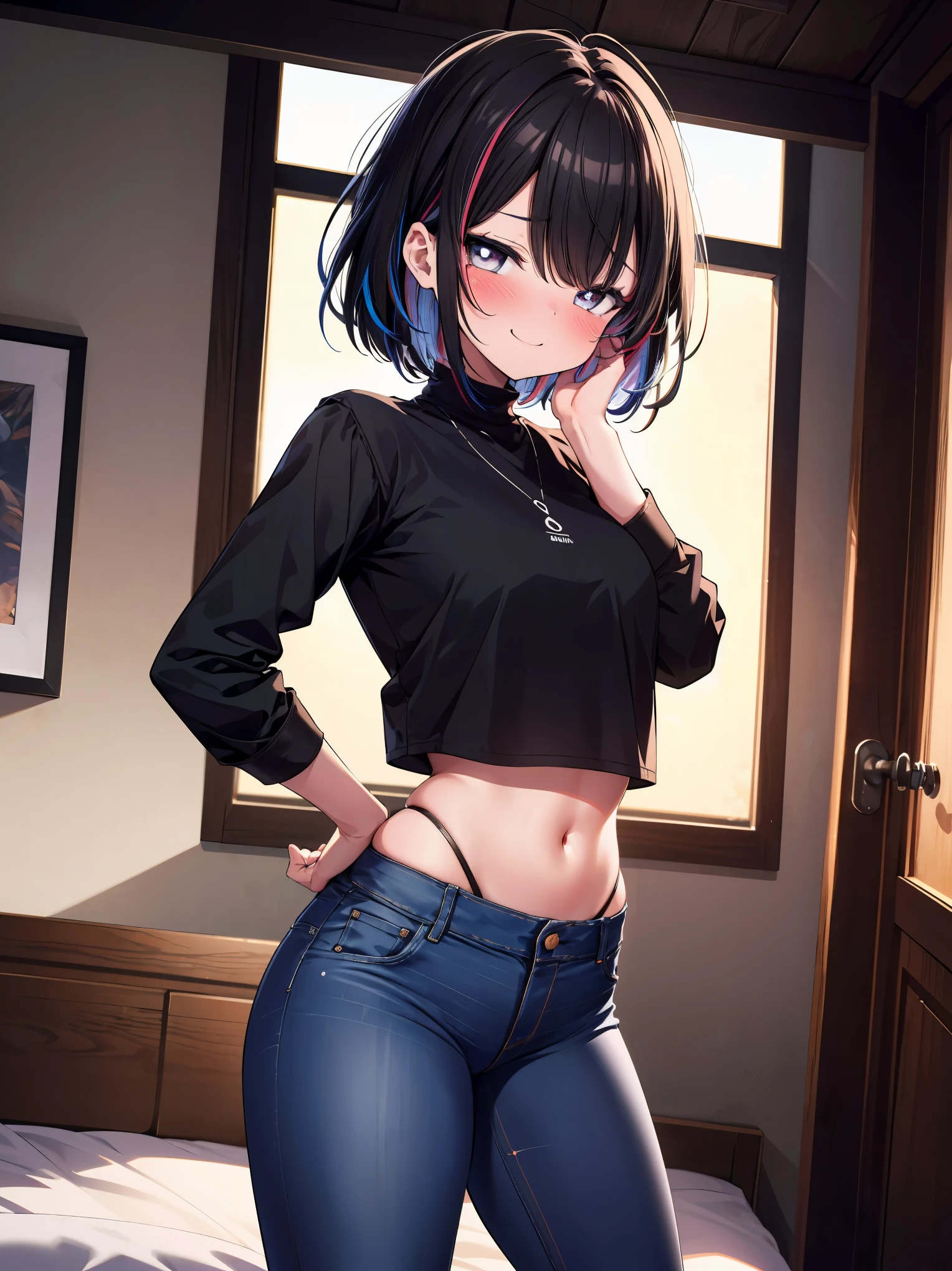 adult, 1 woman, toned body, medium breasts, wide hips, black hair, streaked hair, short hair, bangs, yandere, sadistic smile, grinning, glowing eyes, heart-shaped pupils, full-face blush, (blush:1.2), cropped jacket, (black crop top), (highleg panties:1.2), (denim jeans:1.4), (hands on own cheeks:1.4), looking at the viewer, upturned eyes, bright eyes, (shaded face:1.4), glowing eyes, head tilt, side view, bedroom scenery, dim lighting, night, best quality, ultra-high resolution, depth of field:1.2, (cowboy shot)
