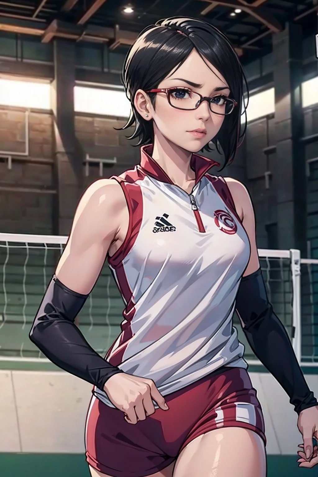((1girl, solo ,alone, Sarada Uchiha, short hair, ((smug, ((black eyes)), glasses, small breasts)), uchiha sarada)), ((solo, 1woman, pink lipstick, Extremely detailed, ambient soft lighting, 4k, perfect eyes, a perfect face, perfect lighting, a 1girl)) , ((pink lipstick, Extremely detailed, ambient soft lighting, 4k, perfect eyes, a perfect face, perfect lighting, a 1girl)) , (extremely detailed beautiful face), ((volleyball uniform, volleyball player, women's volleyball, volleyball shorts, volleyball regatta, volleyball court, olympic court, volleyball stadium)), (((fitness))) 1girl, solo, standing