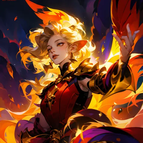 close-up of a woman on fire and flames, with fiery golden wings of flame, with fiery golden wings, epic fantasy art style, conce...