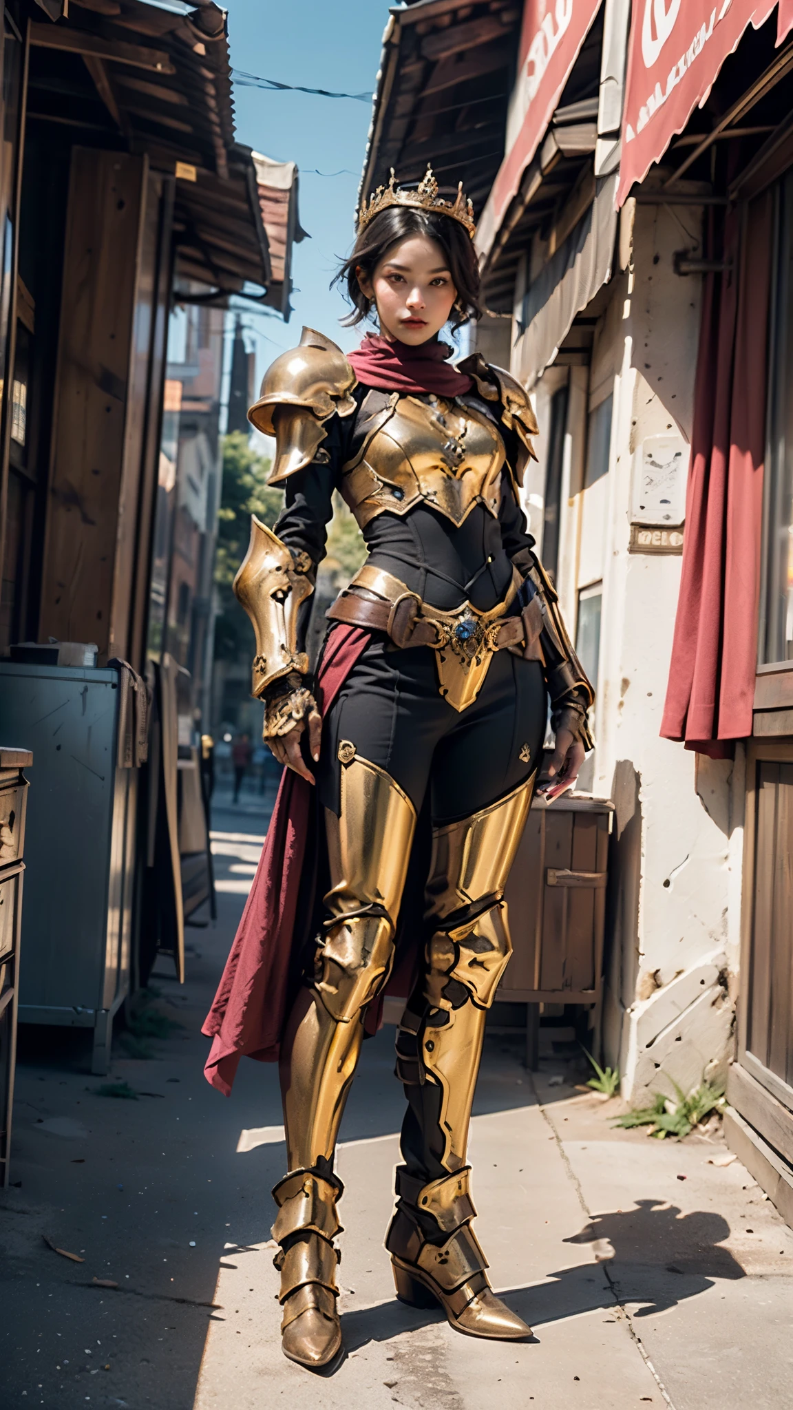 A woman adorned in fantasy-style full-body armor, a crown-concept fully enclosed helmet that unveils only her eyes, a composite layered chest plate, fully encompassing shoulder and hand guards, a lightweight waist armor, form-fitting shin guards, the overall design is heavy-duty yet flexible, ((the armor gleams with a golden glow, complemented by red and blue accents)), exhibiting a noble aura, she floats above a fantasy-surreal high-tech city, this character embodies a finely crafted fantasy-surreal style armored hero in anime style, exquisite and mature manga art style, (Queen bee mixed with Spider concept Armor), ((real woman, beautiful woman, photorealistic, elegant, goddess, femminine:1.5)), metallic, high definition, best quality, highres, ultra-detailed, ultra-fine painting, extremely delicate, professional, anatomically correct, symmetrical face, extremely detailed eyes and face, high quality eyes, creativity, RAW photo, UHD, 32k, Natural light, cinematic lighting, masterpiece-anatomy-perfect, masterpiece:1.5