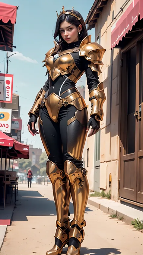 A woman adorned in fantasy-style full-body armor, a crown-concept fully enclosed helmet that unveils only her eyes, a composite ...