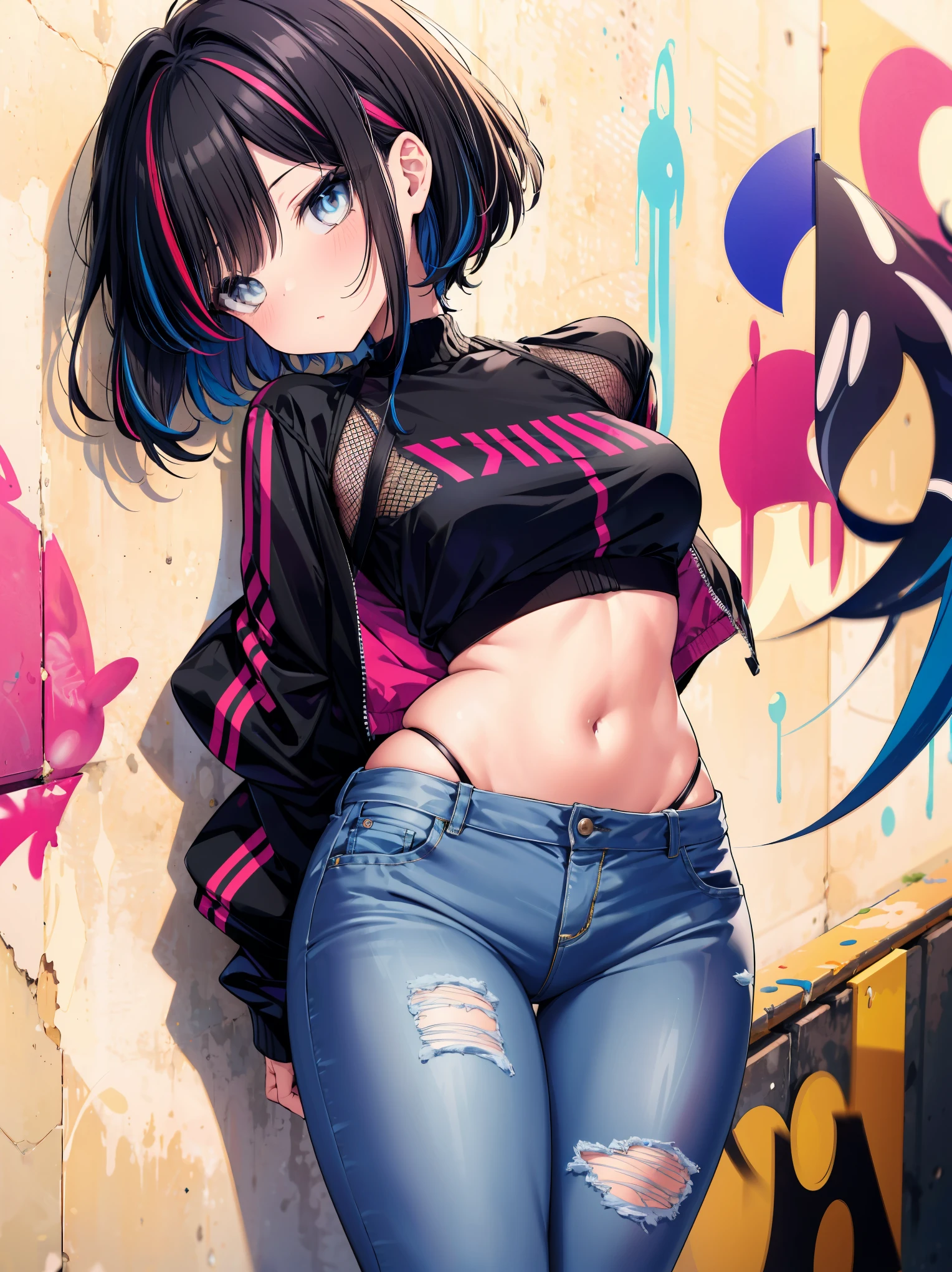 (cowboy shot), (best quality, ultra-high resolution, depth of field:1.2), adult, 1woman, toned body, medium breasts, wide hips, solo, black hair, streaked hair, short hair, bangs, cropped jacket, (black crop top), (mesh under clothes:1.2), highleg, highleg panties, highleg thong, (denim jeans), (graffiti:1.4), paint-stained clothes, slouching, laying on the wall, looking at viewer, upturned eyes, bright eyes, head tilt, bored, arms behind back