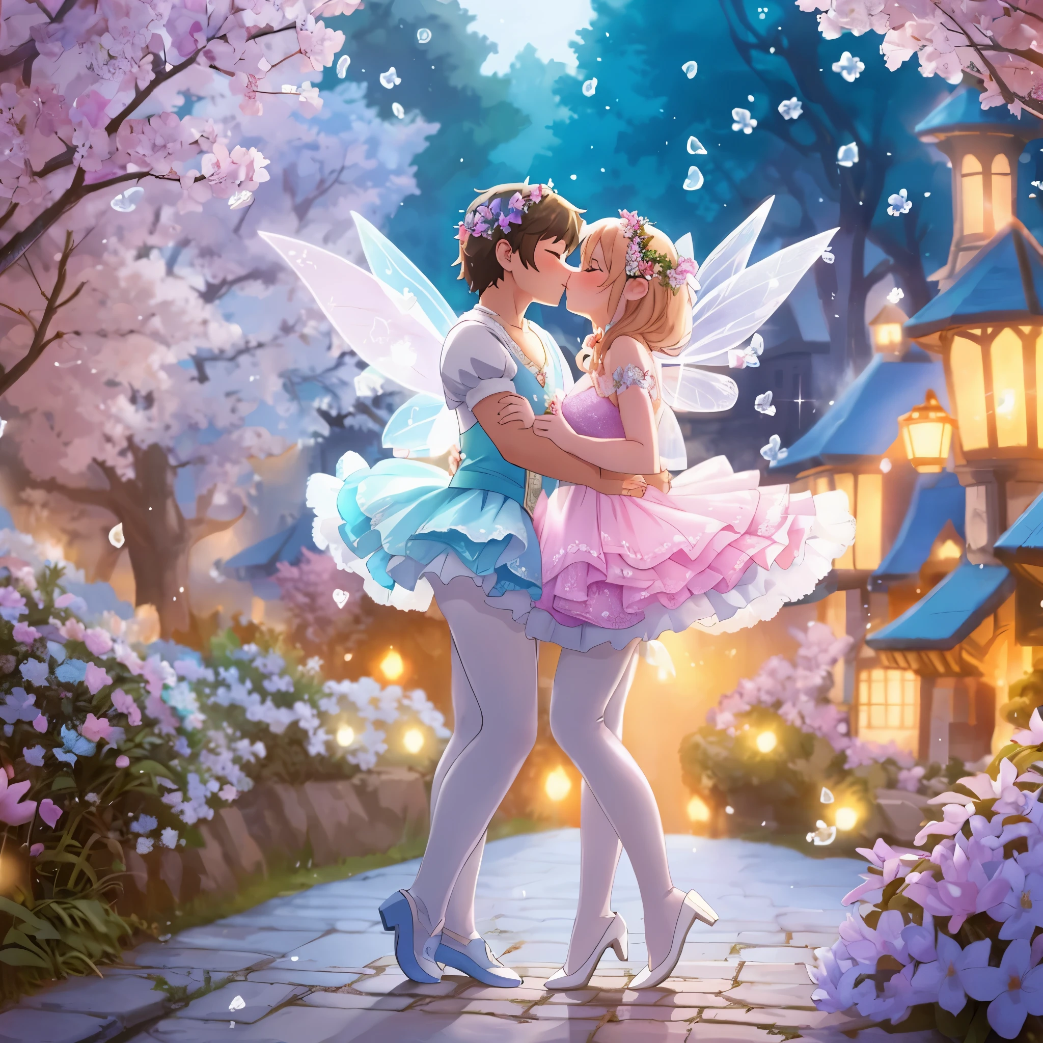 a boy and girl dressed in fairy tutus and tights are kissing in a garden, beautiful fairies, very magical and dreamy, fantasy fairytale story, fairy dancing, fairies, ethereal fairytale, beautiful render of a fairytale, fairy aesthetics, a paradise like a fairyland, faeries, fantasy photography, fairycore, magical fairy background, fairy atmosphere, magic fairyland, fairy cgsociety