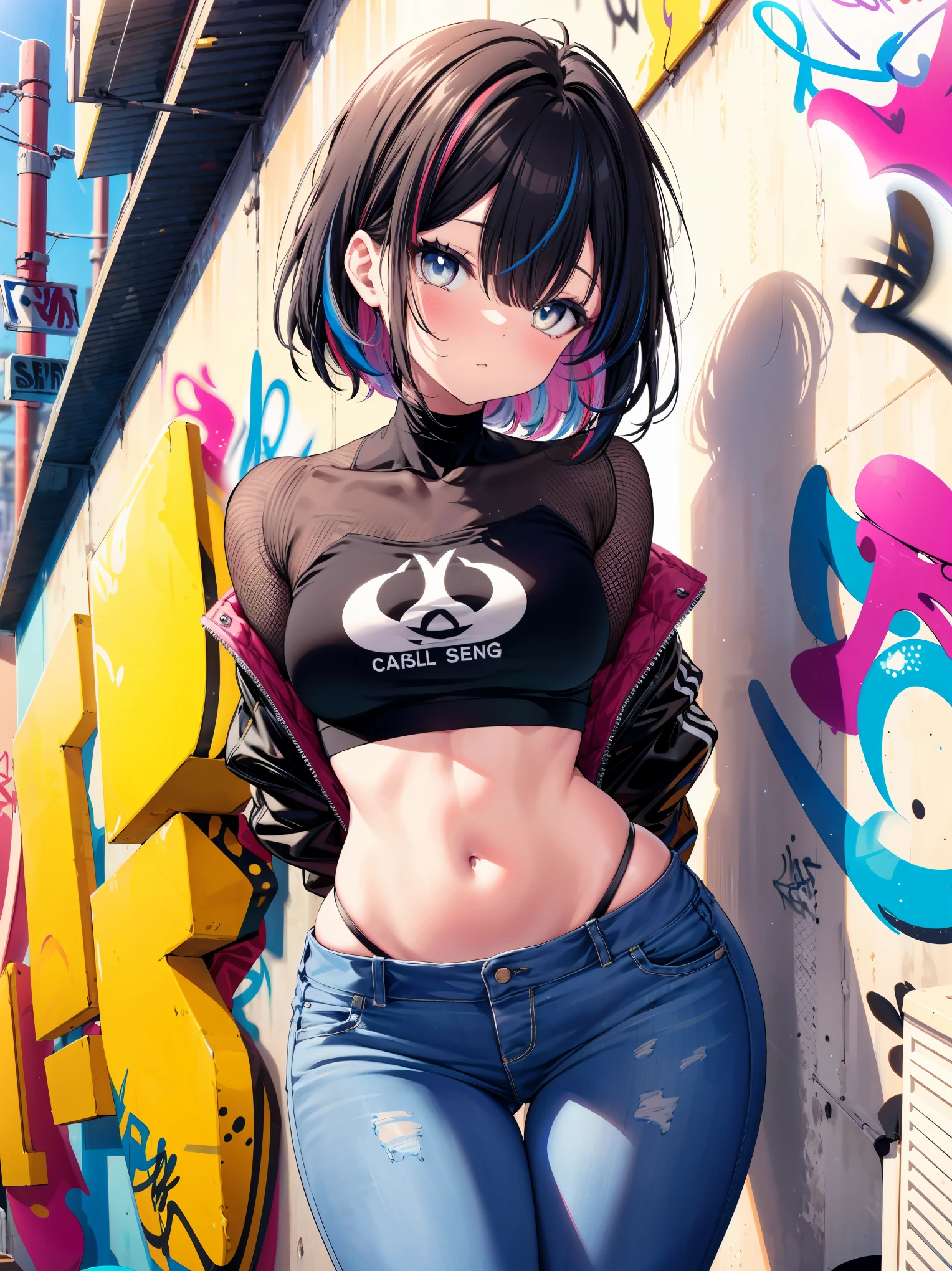 (cowboy shot), (best quality, ultra-high resolution, depth of field:1.2), adult, 1woman, toned body, medium breasts, wide hips, solo, black hair, streaked hair, short hair, bangs, cropped jacket, (black crop top), (mesh under clothes:1.2), highleg, highleg panties, highleg thong, (denim jeans), (graffiti:1.4), paint-stained clothes, slouching, laying on the wall, looking at viewer, upturned eyes, bright eyes, head tilt, bored, arms behind back