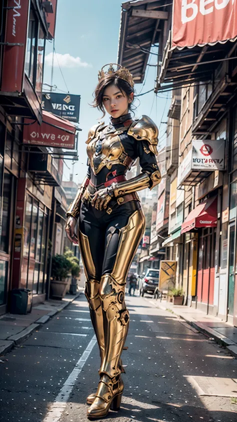 A woman adorned in fantasy-style full-body armor, a crown-concept fully enclosed helmet that unveils only her eyes, a composite ...