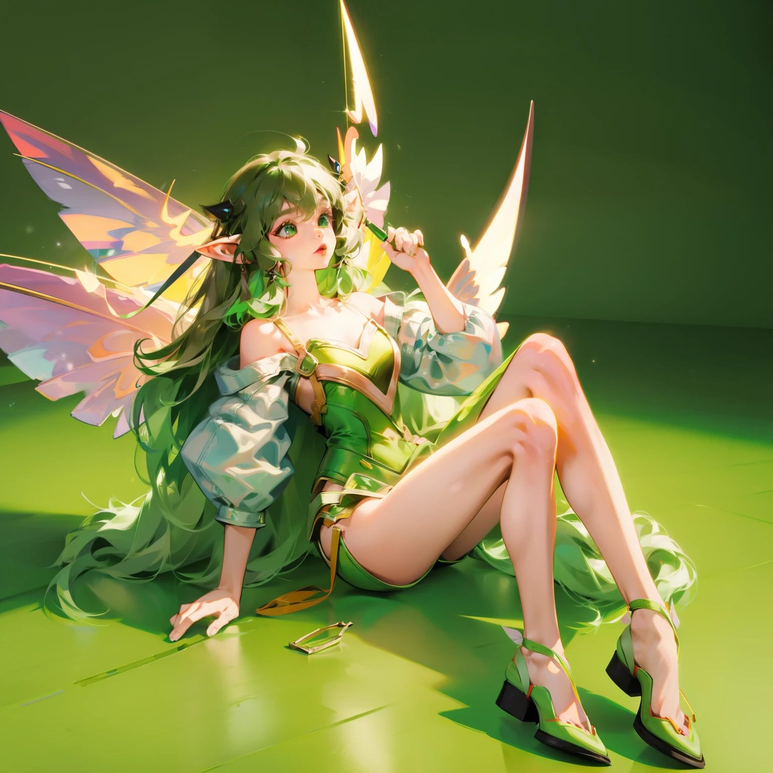 Tragen von grüner und schwarzer Kleidung、Anime-Mädchen mit Flügeln und grünem Hintergrund, Elfencharakter, Fee, forest Fee, Insektentrainerin Mädchen, brunette elf with Fee wings, Elf, Niedliche 3D-Anime-Mädchen-Darstellung, April-Rendering, Fee dance, Beine spreizen  