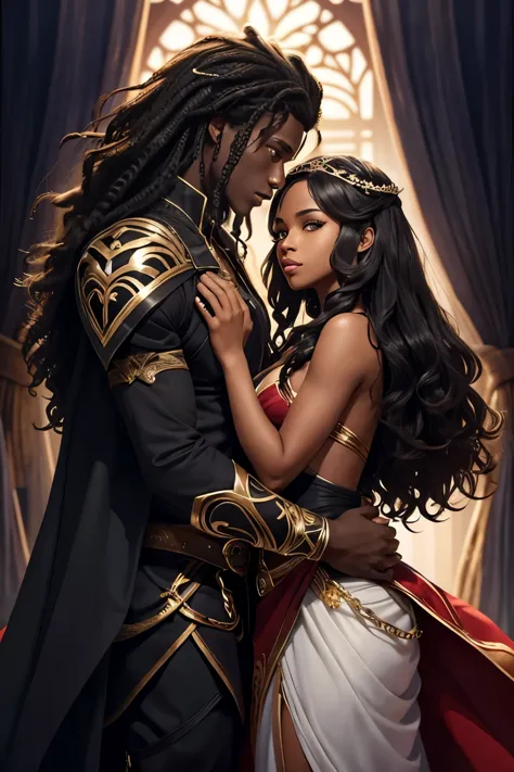 Je veux que tu me fasses une couverture pour un roman Fantasy romance, ces deux personnages sont noirs de peau, dark skin, ils s...