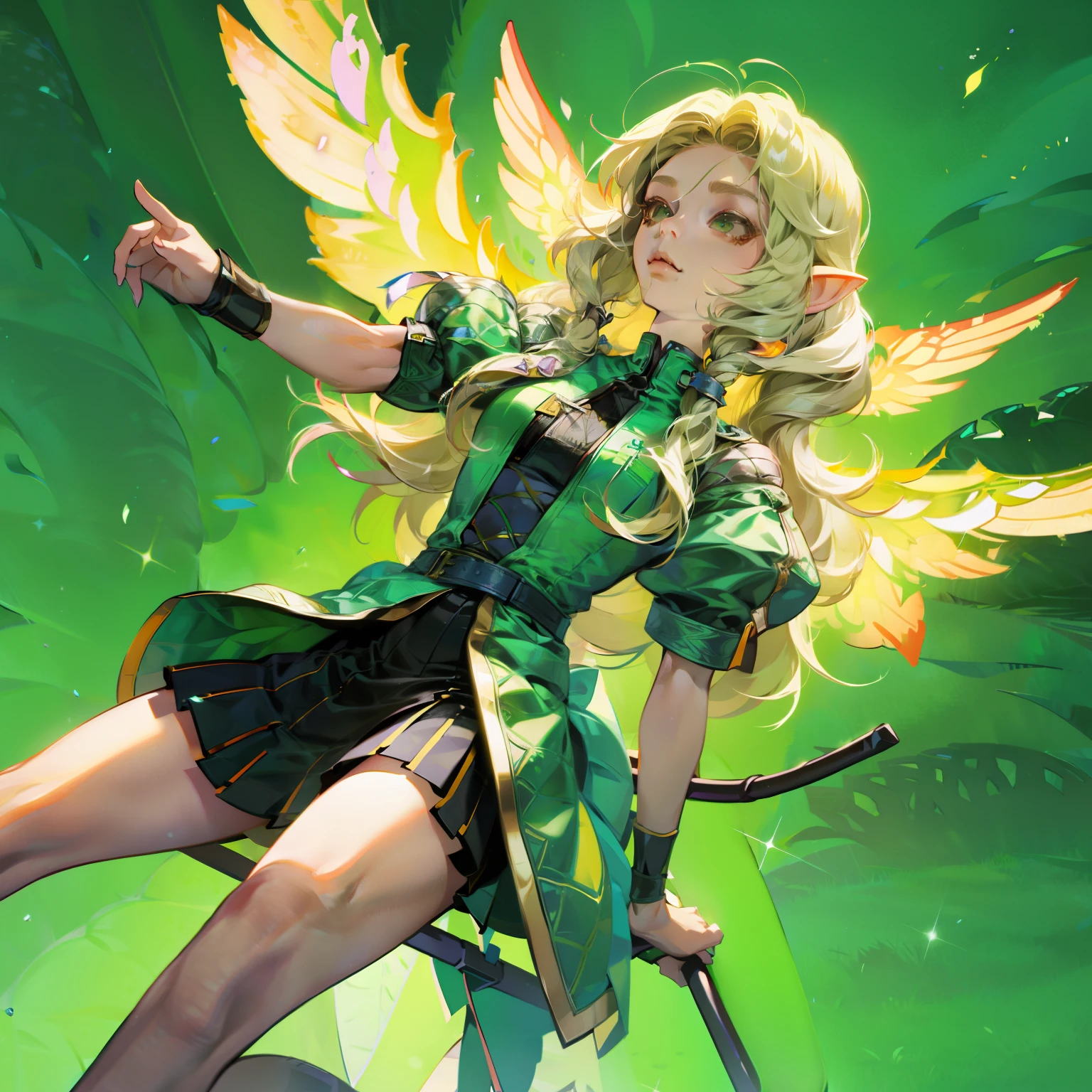 Wearing green and black clothing、Anime girl with wings and green background, Elf character, Fairy, forest Fairy, Insect trainer girl, brunette elf with Fairy wings, Elf, Cute 3D anime girl rendering, April rendering, Fairy dance, spread legs  