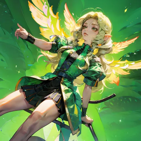 Wearing green and black clothing、Anime girl with wings and green background, Elf character, Fairy, forest Fairy, Insect trainer ...