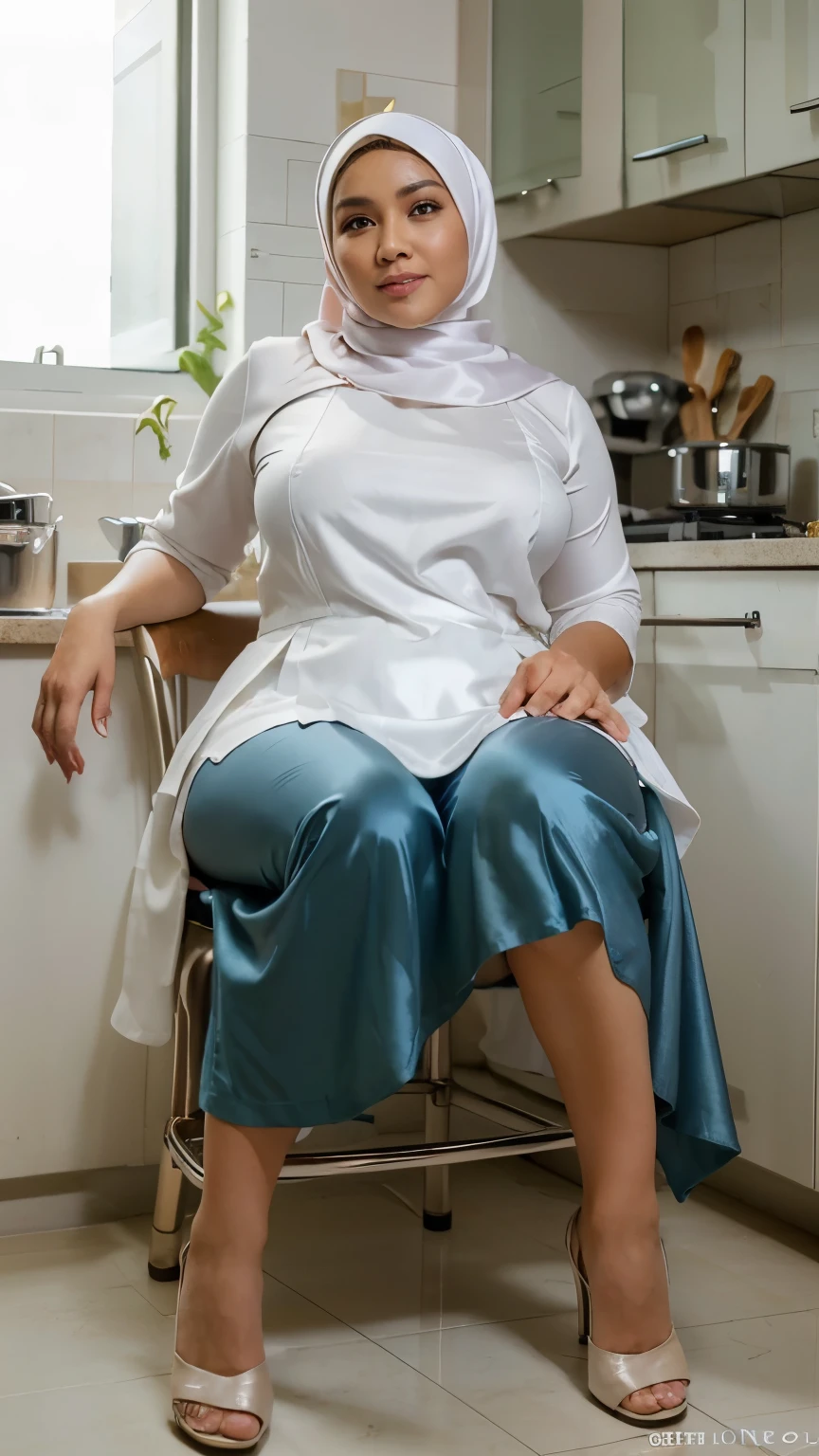 ((best quality)), ((masterpiece)), (detailed), perfect face, ((40 years old)),Malaysian girl, fat, , satin hijab, wearing white long gamis, stockings, heels, sit on chair, kitchen 