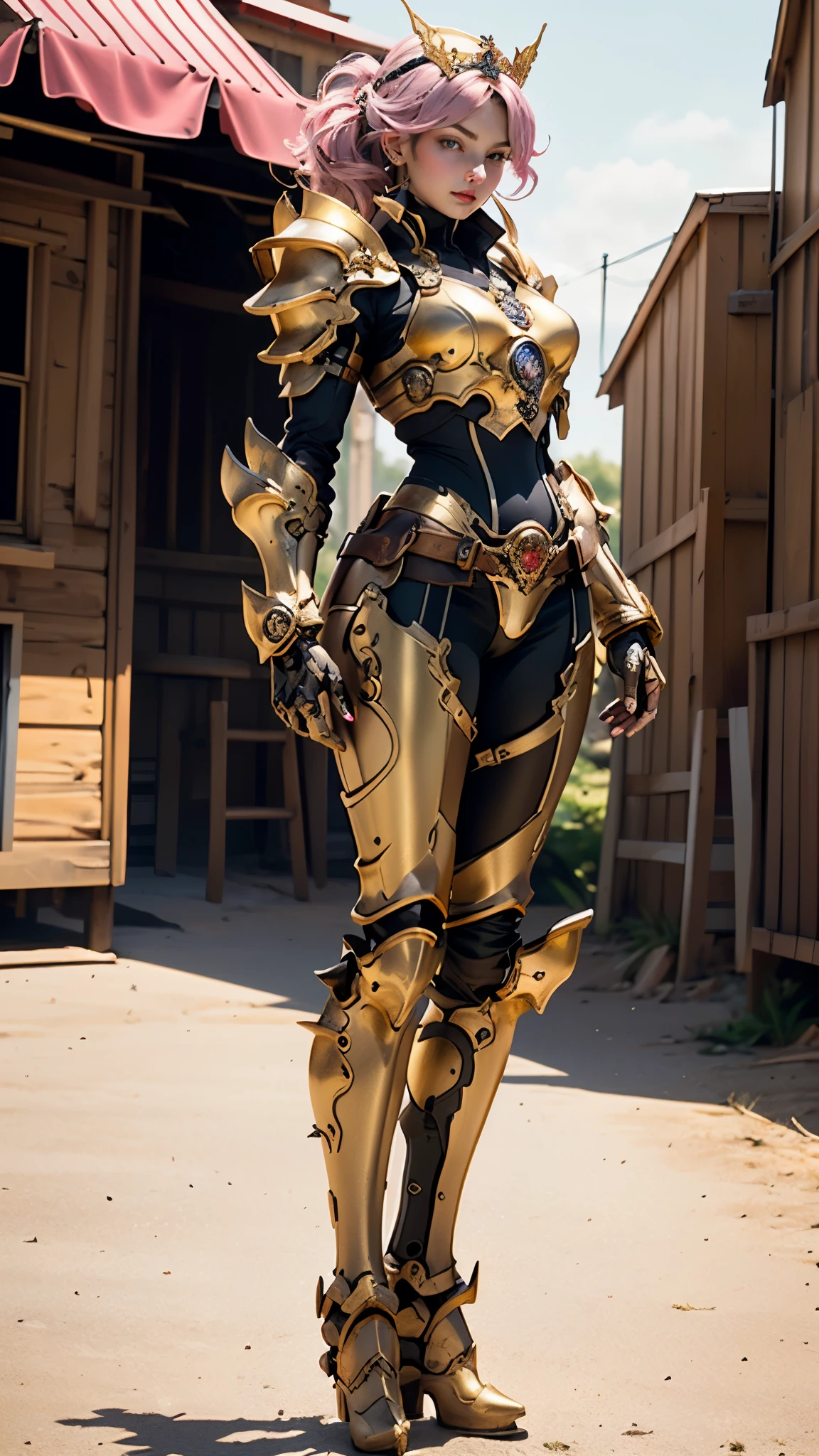 A woman adorned in fantasy-style full-body armor, a crown-concept fully enclosed helmet that unveils only her eyes, a composite layered chest plate, fully encompassing shoulder and hand guards, a lightweight waist armor, form-fitting shin guards, the overall design is heavy-duty yet flexible, ((the armor gleams with a golden glow, complemented by red and blue accents)), exhibiting a noble aura, she floats above a fantasy-surreal high-tech city, this character embodies a finely crafted fantasy-surreal style armored hero in anime style, exquisite and mature manga art style, (Queen bee mixed with Spider concept Armor), ((real woman, beautiful woman, photorealistic, elegant, goddess, femminine:1.5)), metallic, high definition, best quality, highres, ultra-detailed, ultra-fine painting, extremely delicate, professional, anatomically correct, symmetrical face, extremely detailed eyes and face, high quality eyes, creativity, RAW photo, UHD, 32k, Natural light, cinematic lighting, masterpiece-anatomy-perfect, masterpiece:1.5