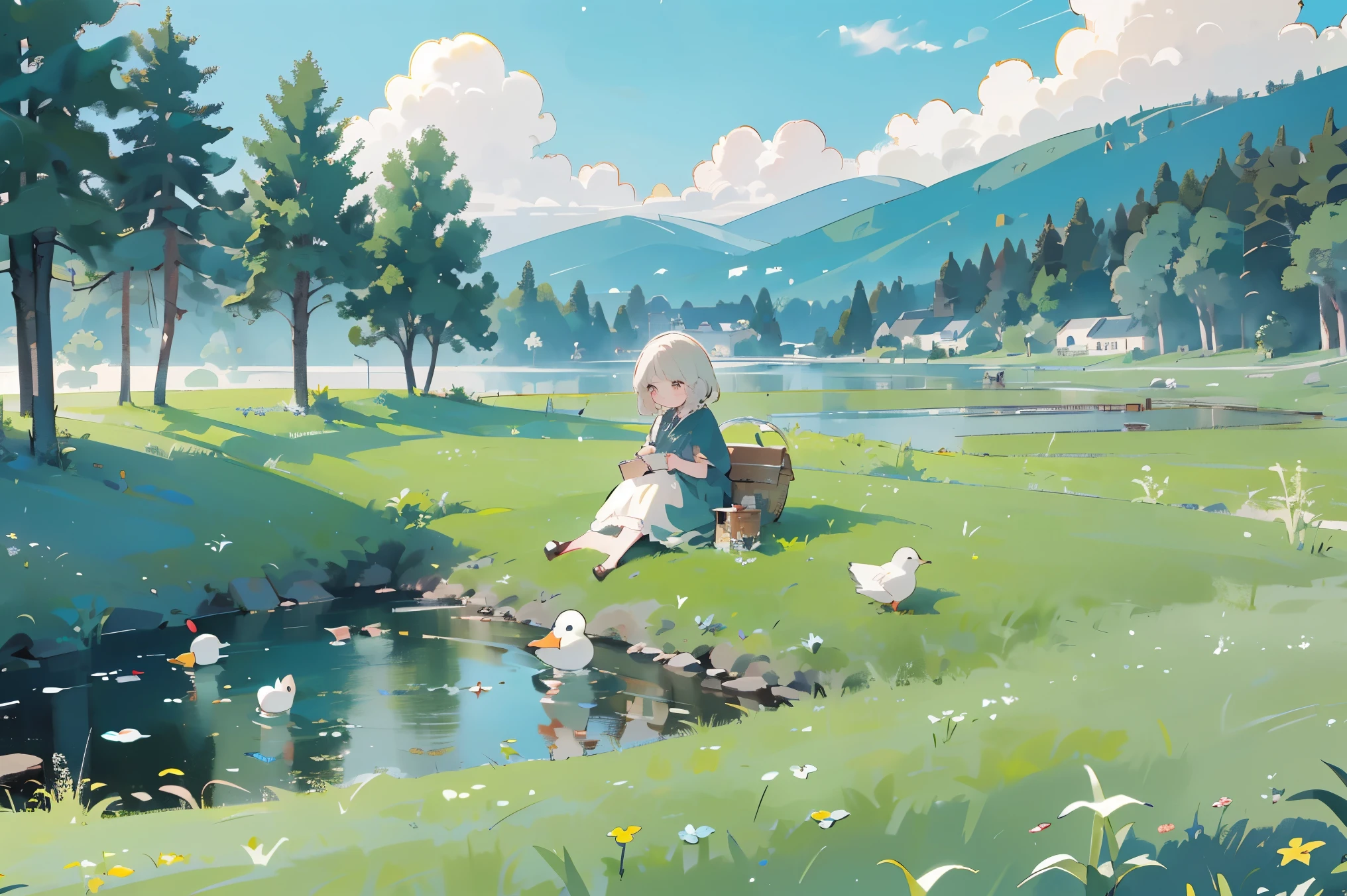 ((A girl sitting by the pond))，(Play in the fields, paddy，Cute ducks, cute girls), Ghibli background style, Yuru Chara Style，Cute storybook illustration, , 柔和的Light, cream, Giorgio Morandi Colors, thick line graph, Full color illustration, Forest picnic, cover illustration, landscape，truck，grassy fields，grassy，plant，natural style, (Light:1.0)，masterpiece，best quality,