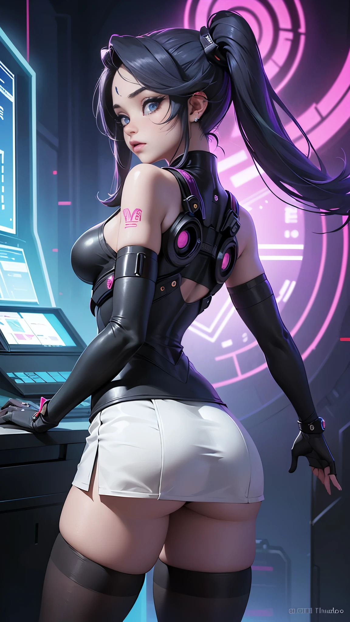 (rear view, backside view),Ariana Grande cyborg, Cybersamurai, desnudo, Cabello largo, ojos azules, cabello negro, pechos grandes, escote, muslos anchos, Science-Fiction, ciborg:1.4, cyberpunk,( fondo negro brilla: 1.25),More detailed 8K.motor irreal:1.4,UHD,La mejor calidad:1.4, fotorrealista:1.4, textura de la piel:1.4, obra maestra:1.8,obra-prima, mejor calidad,objeto Objeto], (detailed face features:1.3),(Ojos hermosos azules :1.4 ),(Perfect anatomy),lingerie sexy pink,(Cybersamurai white:1.4),(fondo laboratorio cyberpunkAI colors:1.4) ,(convexo Dedos detallados), (  cyborg),(Pieza maestra:1.2), (mejor calidad:1.2),(Pieza maestra:1.2), (mejor calidad:1.2),(miniskirt ciborg:1.4), (panties ciborg), (fondo background laboratory station chemical:1.4) 