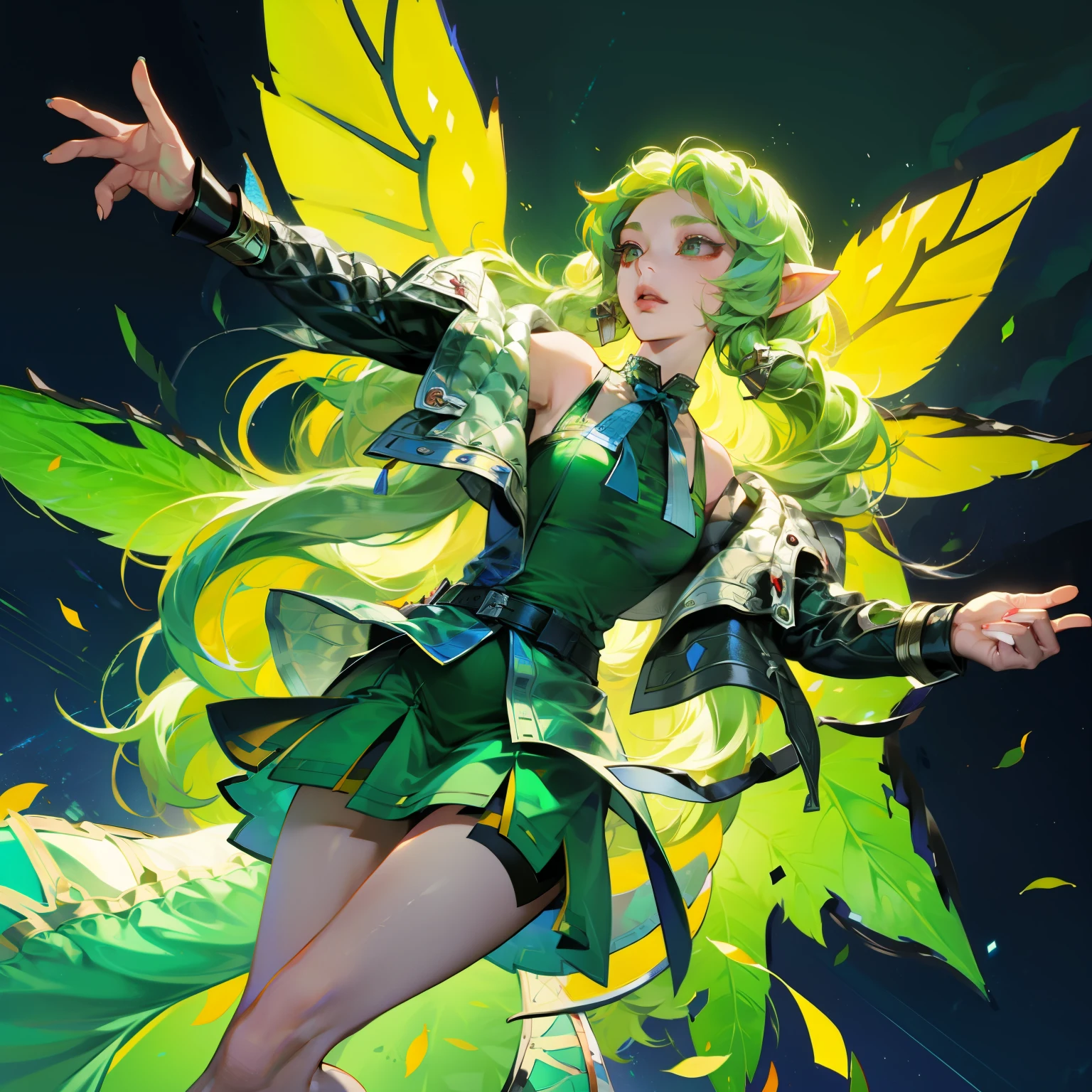 Tragen von grüner und schwarzer Kleidung、Anime-Mädchen mit Flügeln und grünem Hintergrund, Elfencharakter, Fee, forest Fee, Insektentrainerin Mädchen, brunette elf with Fee wings, Elf, Niedliche 3D-Anime-Mädchen-Darstellung, April-Rendering, Fee dance, Dynamischer Sinn