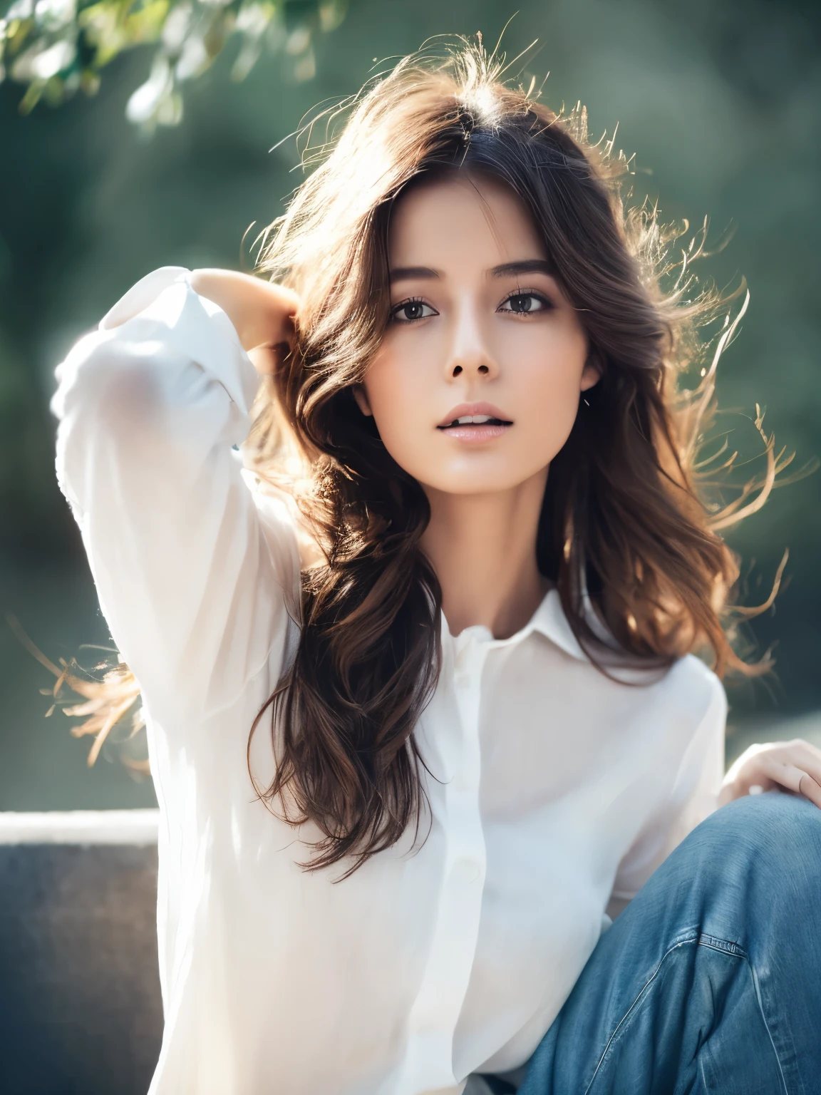 cinematic color, beautiful matanity woman, (best quality, ultra-detailed), feminin lighting, messy hair, wearing see-through white shirt and jeans, delicate features, dreamy atmosphere